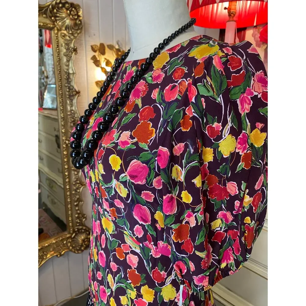 vintage style silk floral maxi dress backless puff sleeves med polka dot trim - Picture 5 of 11
